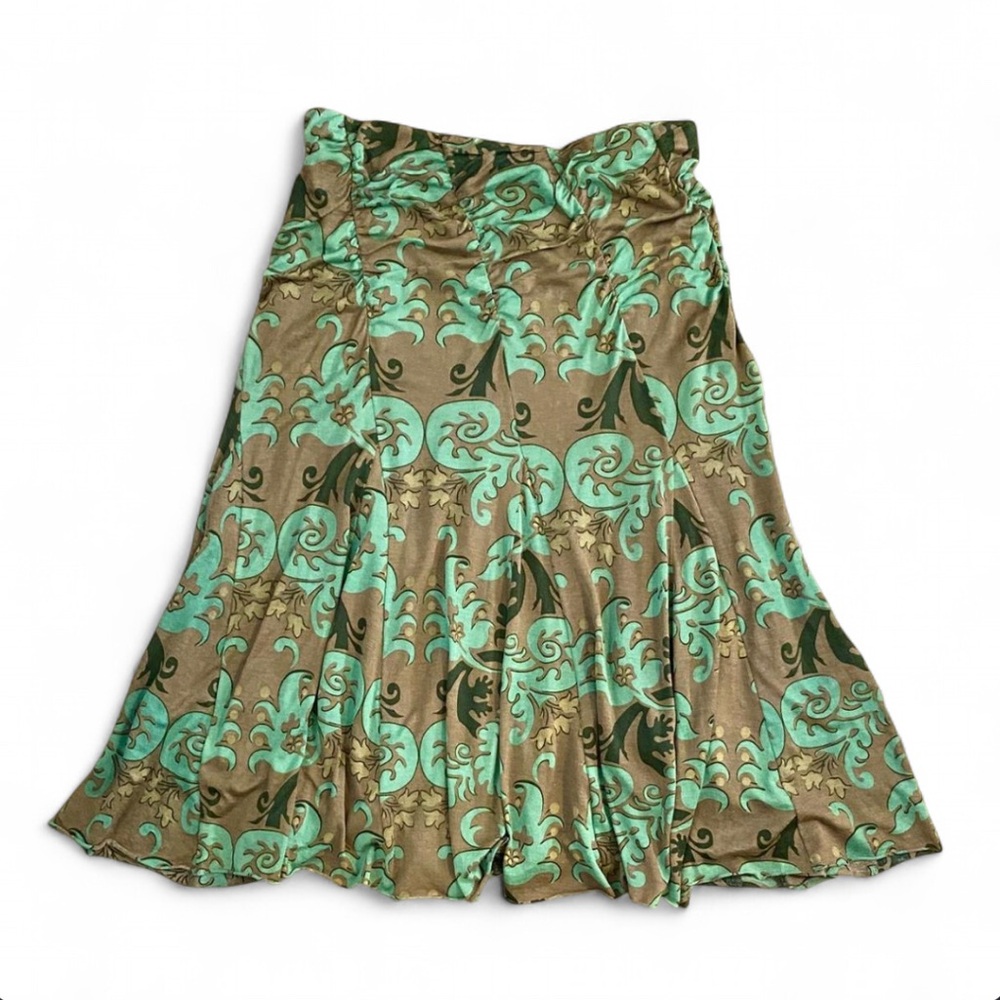 DKNY stretchy y2k grunge brown & green midi skirt w/ asymmetrical ruching